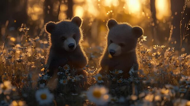 Two grizzly bear cubs playing in a flower-filled spot in the afternoon 