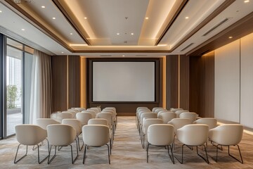 Modern minimalist conference room featuring rows of comfortable chairs and a large projector screen for presentations and meetings