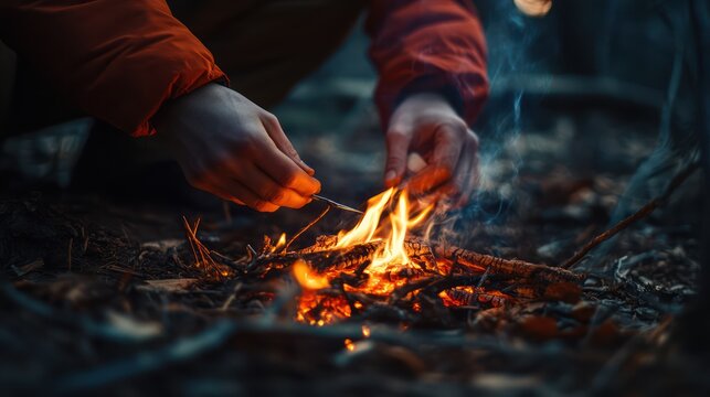 the process of lighting a fire to warm the body in the middle of the forest