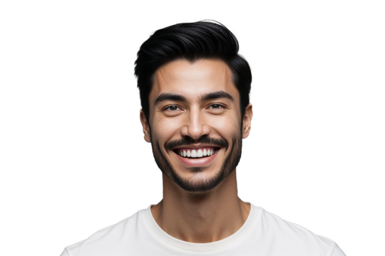 Close-up portrait of Italian man with thin mustache and beard smiling broadly with healthy white teeth