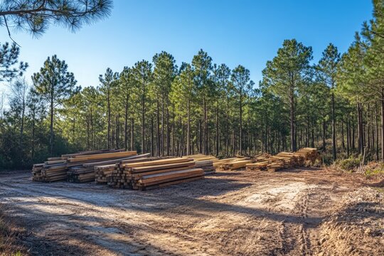 Sustainable timber harvest in pine forest under clear blue sky