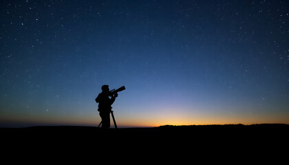 Fototapeta premium Silhouette of a man, telescope and countryside under the starry skies isolated with white highlights, png