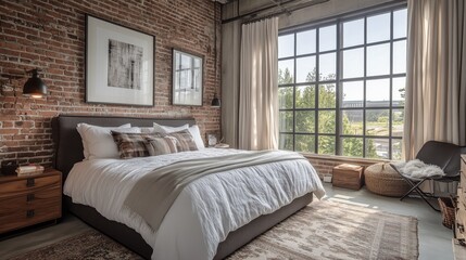 Fototapeta premium Chic Urban Loft Bedroom with Exposed Brick Wall