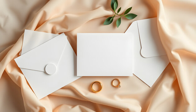 Wedding invitation card mockup, wedding envelopes, rings on beige cloth. Flat lay, top view isolated with white highlights, png