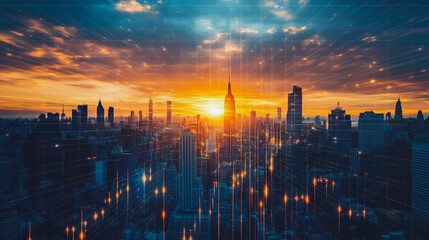 Smart digital Innovation Business skyscrapers in the Financial District with connection network reciprocity over the cityscape. of future smart wireless digital city and social media networking