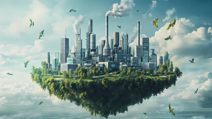 Naklejka premium Concept of an utopia metropolis built around a powerplant. eco-friendly futuristic clean city producing renewable energy. generative ai illustration. Utopia. Illustration