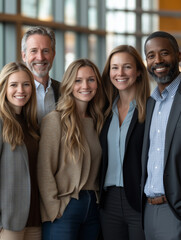 Fototapeta premium A vibrant photo of a diverse team standing close together, smiling joyfully, and looking directly at the camera, capturing a sense of unity and teamwork. 