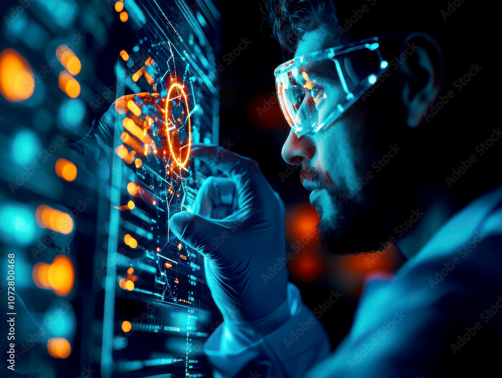 Poster scientist interacting with futuristic digital interface in laboratory environment.