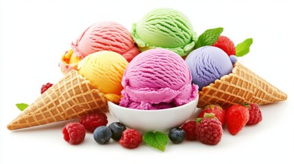 Colorful bright ice cream on bowls, with waffle cones and berries, on white background