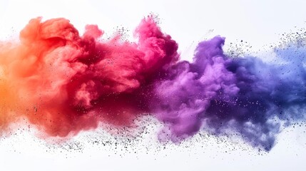 Fototapeta premium Abstract colorful powder explosion with orange, red, pink, purple, and blue colors on a white background.