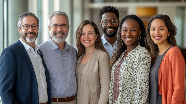 A vibrant photo of a diverse team standing close together, smiling joyfully, and looking directly at the camera, capturing a sense of unity and teamwork. 