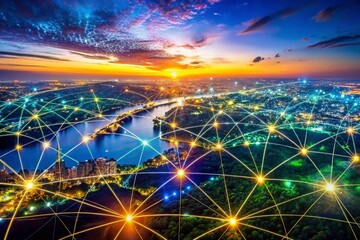 Panoramic View of a Digital World Synapse Network Showcasing Global Connectivity with Vibrant Colors and Complex Data Flow Representing Modern Communication and Technology