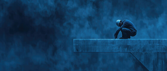 A solitary figure crouches on a ledge, enveloped in misty blue hues, evoking a sense of isolation and introspection.