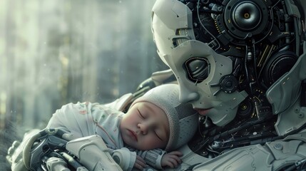 Mother and cyborg robot baby hugging affectionately.