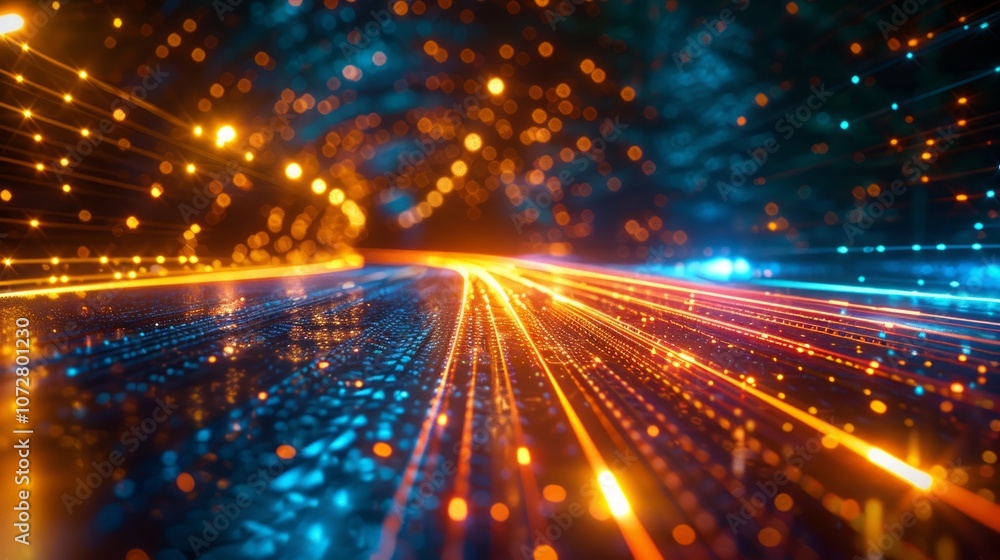 Poster Abstract futuristic background with glowing lines and bokeh lights.