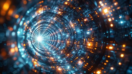 Abstract futuristic tunnel with glowing lights and a bright end.