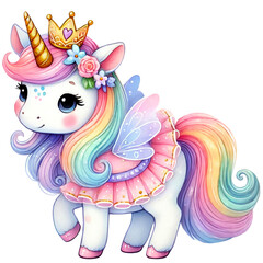 Rainbow Fairy Unicorn Illustrations Collection, A charming set of illustrations featuring rainbow-colored unicorns with wings, crowns, and flowers. Perfect for fantasy and children's designs
