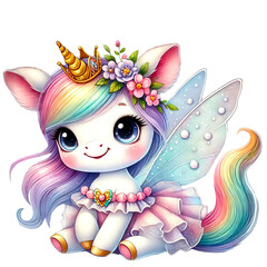 Rainbow Fairy Unicorn Illustrations Collection, A charming set of illustrations featuring rainbow-colored unicorns with wings, crowns, and flowers. Perfect for fantasy and children's designs
