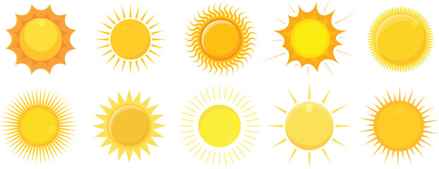 Sun flat icons set. Sunshine vector illustration. Sunlight  vector isolated on white background. Yellow sun icon collection.