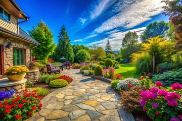 Fototapeta premium Panoramic View of a Stone Pathway Leading to a Cozy Patio Area Surrounded by Lush Greenery and Vibrant Flowers, Perfect for Outdoor Relaxation and Gatherings