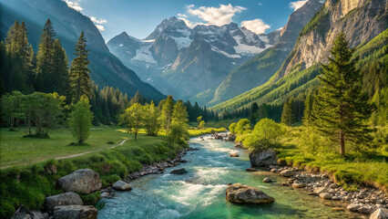 Lush green valley surrounded by towering mountains