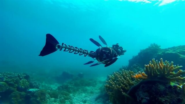 A video of a metallic robotic seahorse gracefully moving through the water, with its tail curling around plants and coral structures