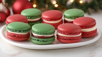 Fototapeta premium Red and Green Macarons on a White Plate with Christmas Decorations in the Background