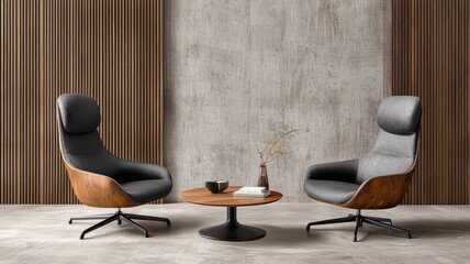 Modern living room featuring stylish chairs and a wooden coffee table.