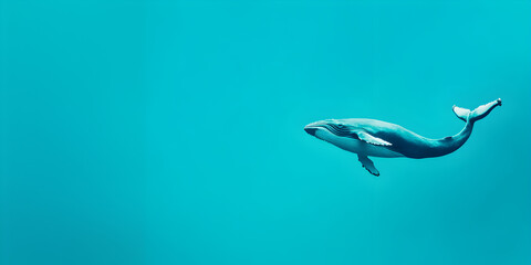 A majestic whale icon positioned on the right side, set against a panoramic teal background with ample copy space.