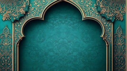 Ornate Golden Archway with Teal Background and Intricate Floral Designs