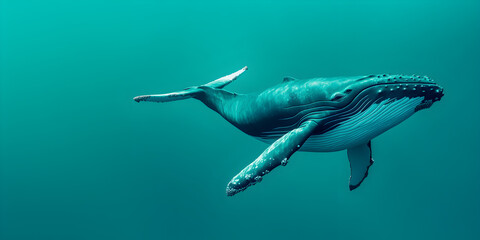 Naklejka premium A captivating whale icon on the right side, isolated on a panoramic teal background with generous copy space.