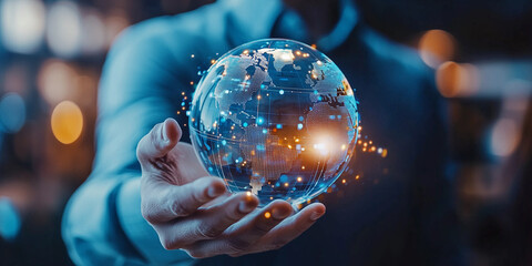 person holds glowing digital globe, symbolizing global connectivity and technology. image highlights integration of digital interfaces in economic policy and international communication