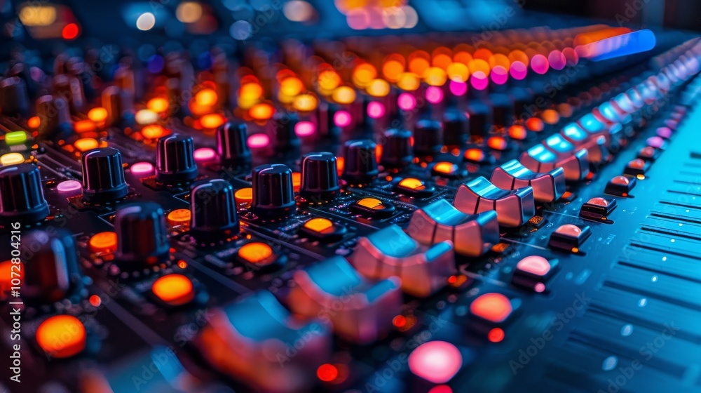 Poster close-up of a sound mixing console with colorful lights and buttons.