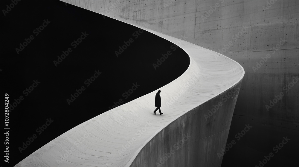 Poster solitary figure walks along curved, minimalist architectural structure, creating striking contrast b