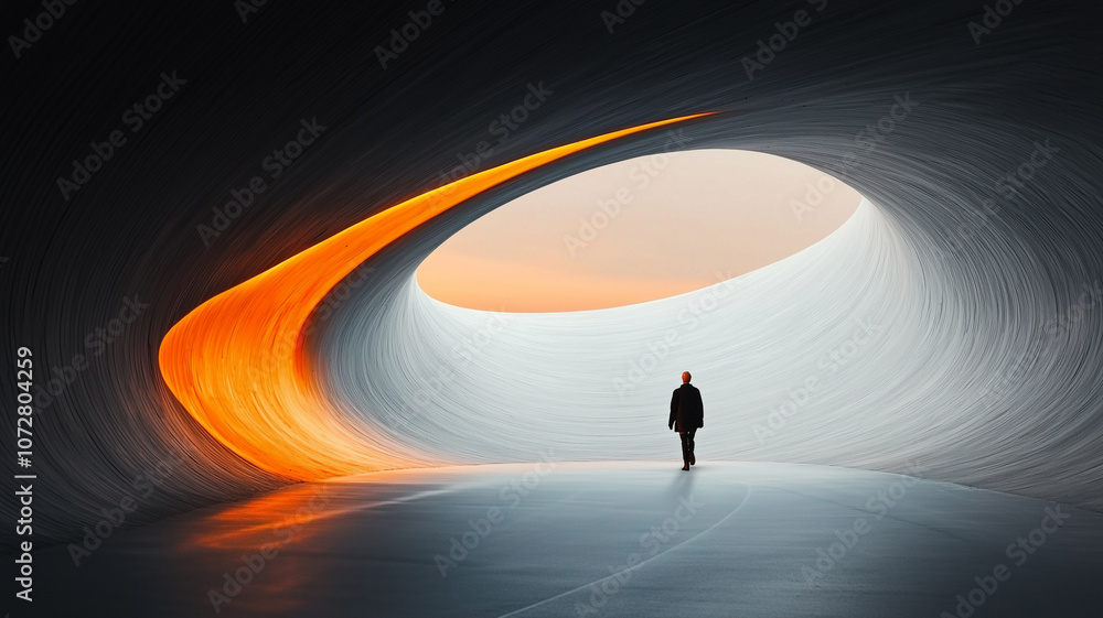 Aufkleber solitary figure walks into futuristic tunnel with glowing orange light, creating sense of mystery an
