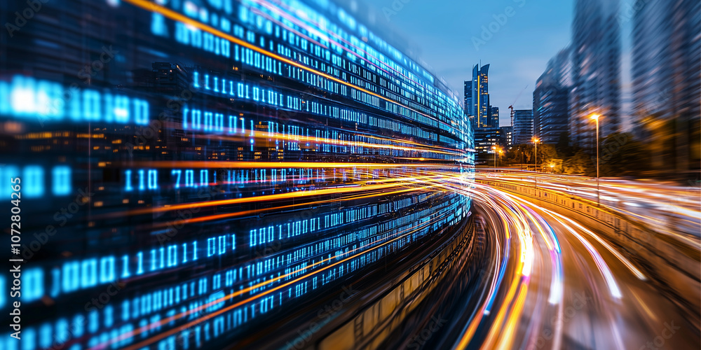 Fototapete futuristic cityscape with glowing data streams and binary code, showcasing blend of technology and urban life. dynamic lights and digital elements create sense of motion and innovation