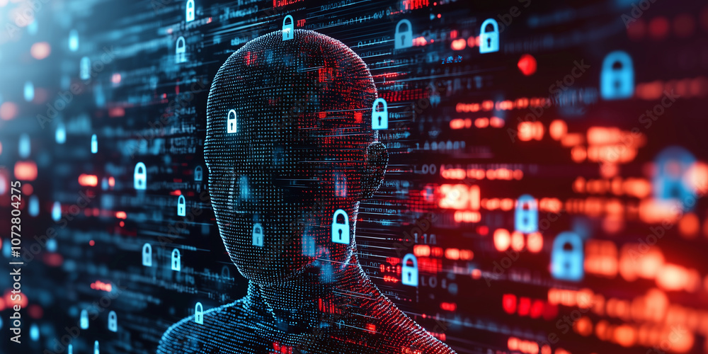 Aufkleber digital human figure composed of pixels and data streams, surrounded by glowing locks and binary code, represents cybersecurity and data protection