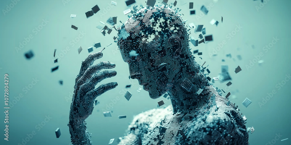 Poster futuristic human figure made of pixels with pieces breaking away, symbolizing digital transformation