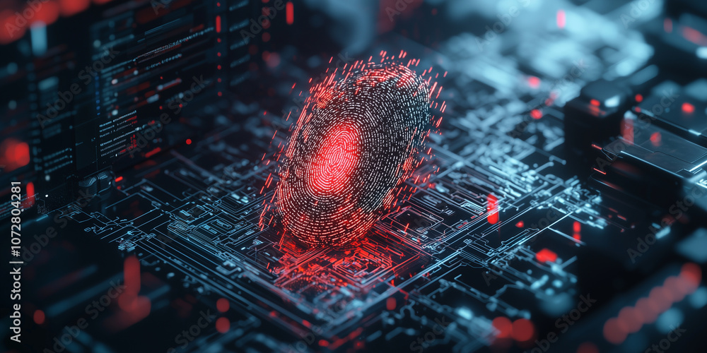 Aufkleber giant fingerprint hovers above computer screen, symbolizing digital security and technology. glowing red fingerprint contrasts with intricate circuit board background, highlighting cybersecurity