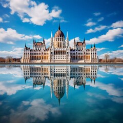 Obraz premium A stunning view of a grand building reflected in water under a blue sky with clouds.