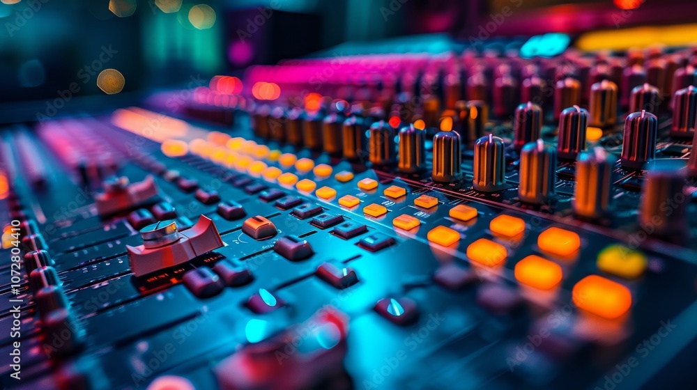 Poster close-up of a sound mixing console with illuminated buttons and knobs.