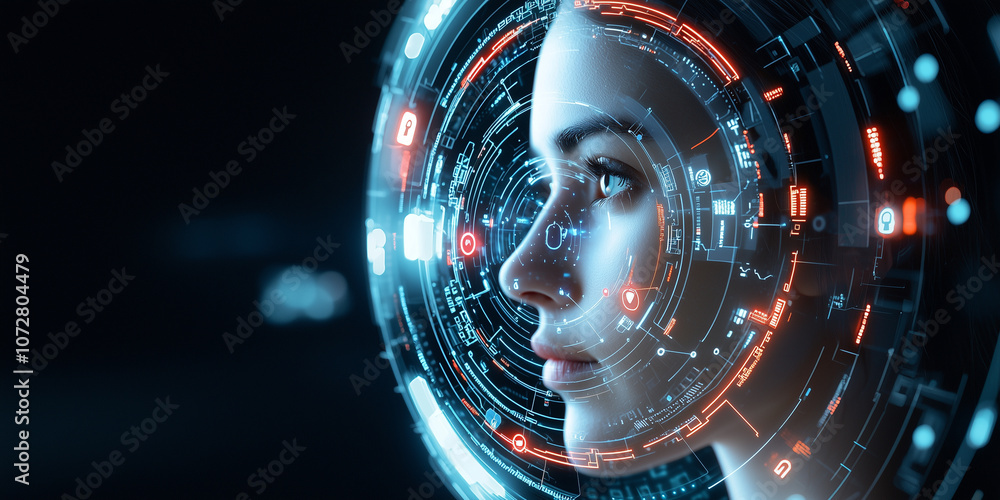 Poster person face is surrounded by glowing digital interface, showcasing futuristic technology and innovat