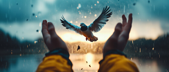 pair of hands releasing dove into stormy sky, symbolizing hope and freedom amidst adversity. dramatic scene captures contrast between calm bird and turbulent weather