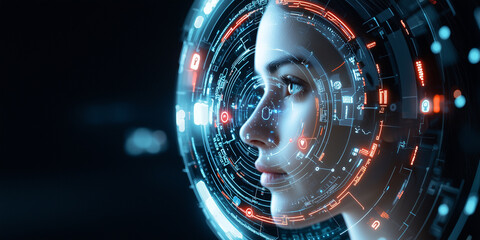 person face is surrounded by glowing digital interface, showcasing futuristic technology and innovation. image highlights integration of human and digital elements, symbolizing advanced connectivity