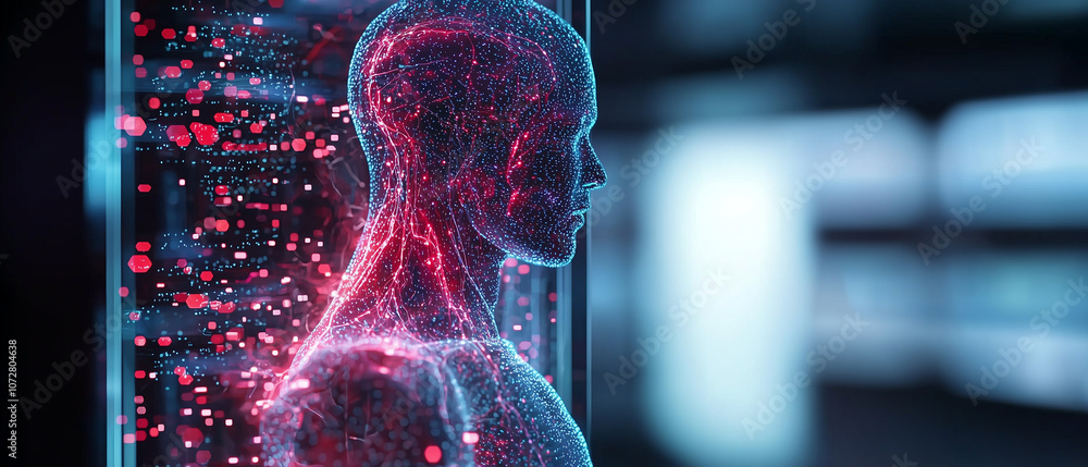 Poster transparent human silhouette filled with floating data points and glowing lines, representing digital transformation and technology integration