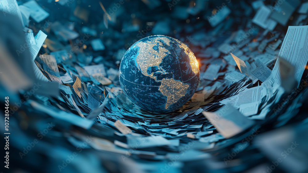 Poster digital globe surrounded by swirling documents, symbolizing global communication and data exchange. 