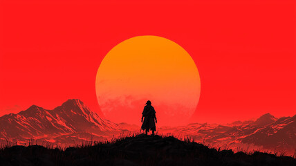 Fototapeta premium person stands on hill silhouetted against vibrant red sunset, with mountains in background, creating dramatic and serene landscape