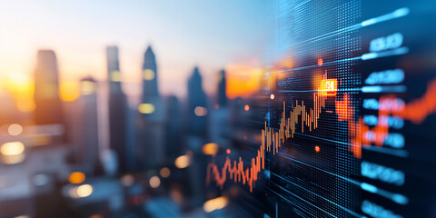 dynamic city skyline merges with financial data, reflecting economic growth and urban development. vibrant scene captures essence of modern business and technology
