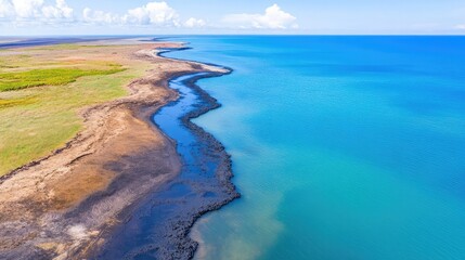 Obraz premium Aerial View of Coastal Beach Covered in Dark Tar, Emphasizing Environmental Pollution