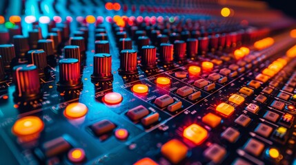 Fototapeta premium Close-up of an audio mixer with colorful lights and knobs.
